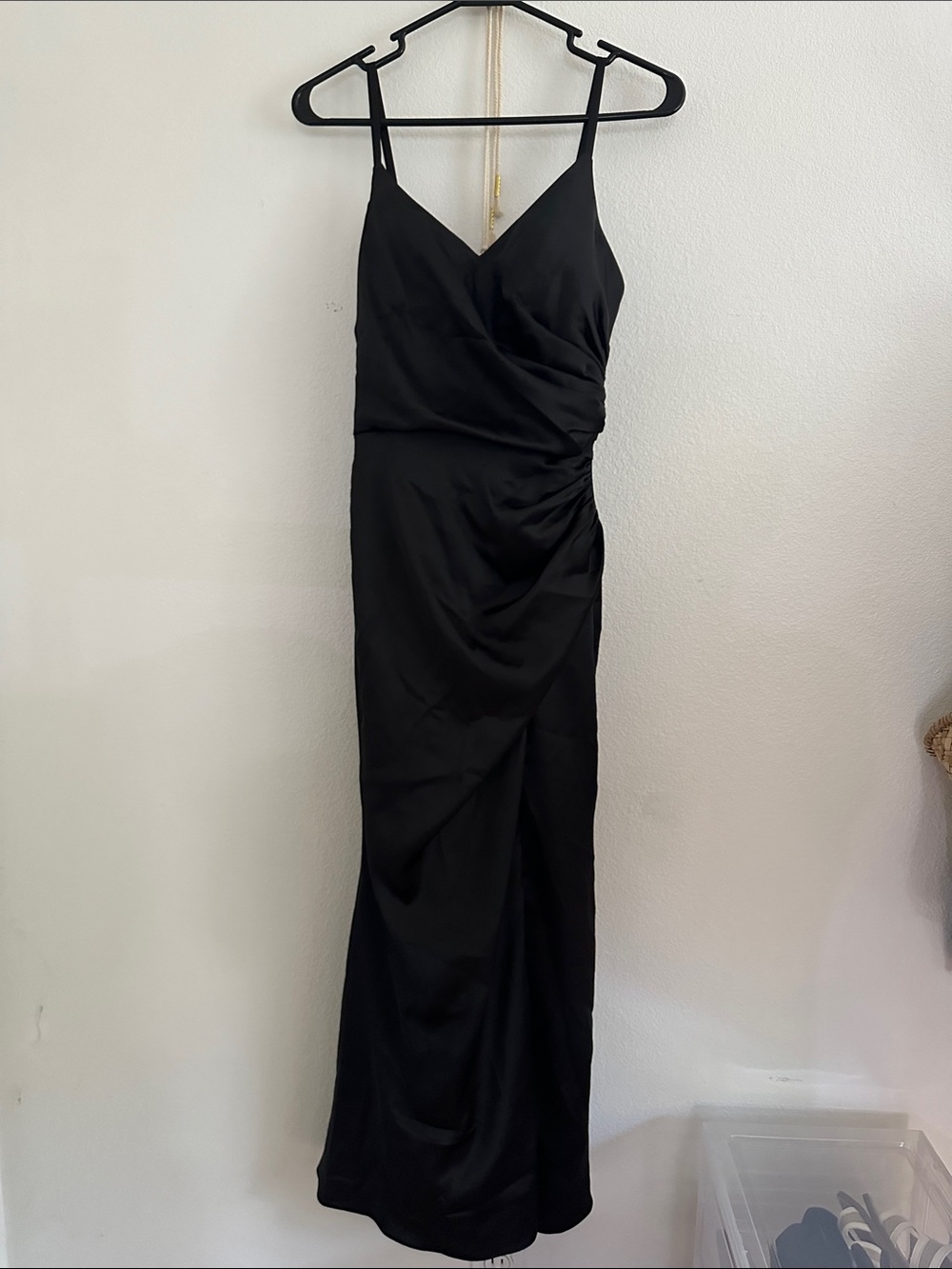 Black Spaghetti Strap Wrap-Style Evening Dress